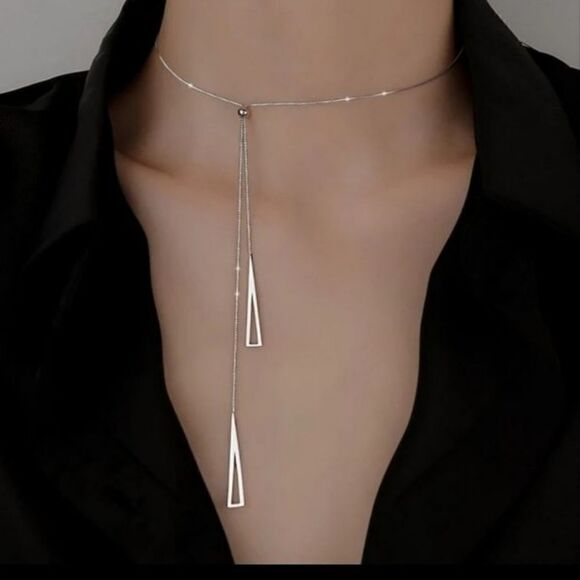 925 Silver Triangle Tassel Necklace Choker Clavicle Pendant Women Chain - Picture 1 of 2